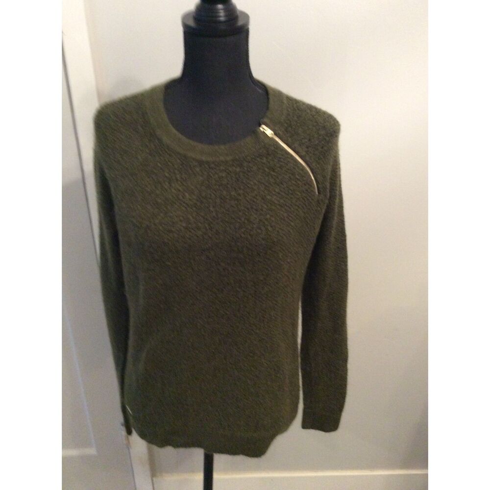 Abercrombie Fitch Green fuzzy Sweater Front Diagonal Zip Size Small
